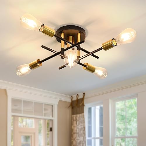 UOFUS Farmhouse 5-Light Semi Flush Mount Ceiling Light Fixture with E26 Modern Matte Black and Gold Chandelier Sputnik Ceiling Lamp for Hallway Kitchen Dining Room Bedroom Study Living Room Bathroom - 5 light