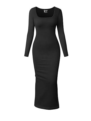 OQQ Women's Long Sleeve Maxi Dress Square Neck Ribbed Bodycon Lounge Soft Dresses - Black - Large
