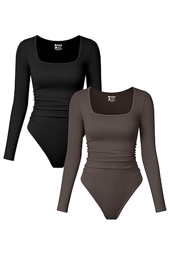 OQQ Womens 2 Piece Bodysuits Long Sleeve Square Neck Ruched Stretch Fitted Bodysuits - Black,tea Leaf - Large