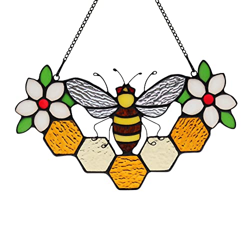 HAOSUM Bee Decor Stained Glass Window Hanging,Honeybee Honeycomb with Flowers Suncatcher for Window,Wall Art Ornaments,Birthday Gifts for Women,Friends,Housewarming Gift - Hs-bee-06