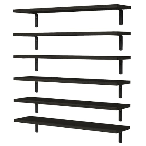 WOPITUES Wood Floating Shelves Set of 6, 24 inch Long Floating Shelves for Wall Decor, Farmhouse Shelf for Bedroom, Bathroom Storage Shelves, Book Shelves for Living Room - Black - 24 inches - Black