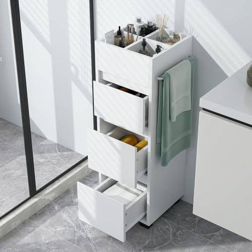 Tangkula Square Bathroom Floor Cabinet, Freestanding Storage Cabinet with 3 Drawers, 4 Top Dividers and 1 Towel Rack, Chest of Drawers for Narrow Places, 12 x 12 x 35.5 Inch (White, 35.5" H) - 35.5"H - White