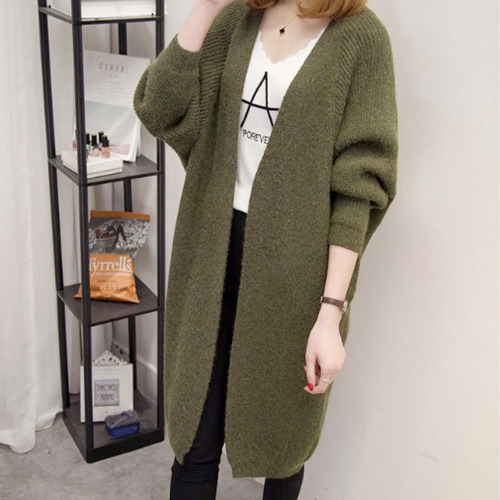 Womens Open Front Knit Mid Length Cardigan - One Size / Green