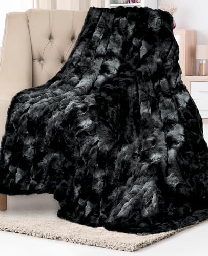 Everlasting Comfort Faux Fur Throw Blanket - Soft, Fluffy, Fuzzy, Plush, Thick, Minky Throws - Black - Standard Throw (50"x65")