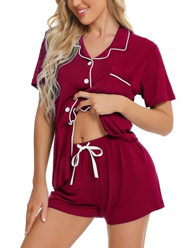 SWOMOG Womens Button Down Pajamas Set Short Sleeve Sleepwear Bride Soft Pj Lounge Sets XS-3XL - XX-Large - Wine Red