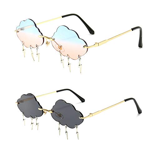 Melrose 2 Pairs Rimless Cute Sunglasses Women Trendy Vintage Clouds Lightning Shaped Sunglasses men's Cloud Tassel Glasses - Blue Pink+black