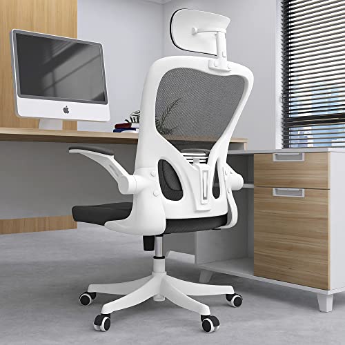 Monhey Office Chair - Ergonomic Office Chair with Lumbar Support & 3D Headrest & Flip Up Arms Home Office Desk Chairs Rockable High Back Swivel Computer Chair White Frame Black Mesh Study Chair - Wh Black