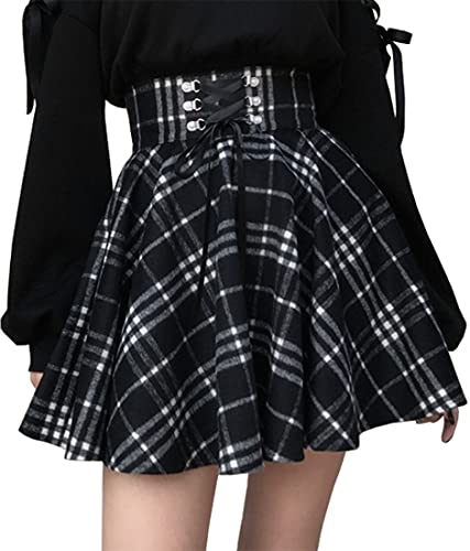 PADOLA Damen Faltenrock A-Linie Gothic Rock Kariert Plaid Rock High Waist Plissee Minirock Schulmädchen Rock Gothic Skirt zum Schnüren - L - Schwarz Weiß Plaid