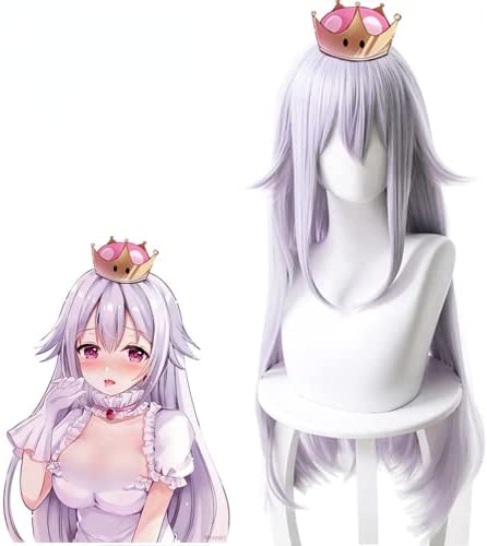Anime Cosplay Wig, Bowsette Booette Princess Teresa Wig, Grayish purple Long Straight Hair with Free Wig Cap, for Halloween, Party, Carnival, Nightlife, Concerts, Weddings
