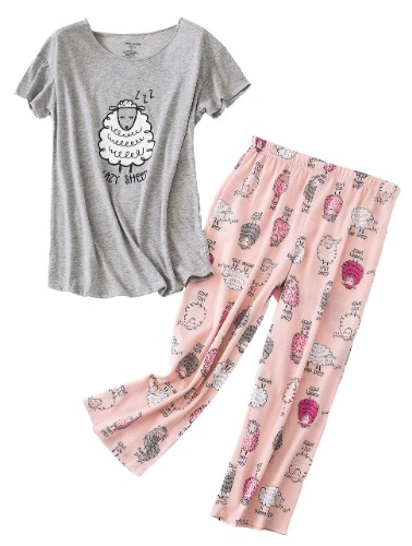 Women Pajama Set Sleepwear Tops with Capri Pants Casual and Fun Prints Pajama Sets - Lazy Sheep XX-Large