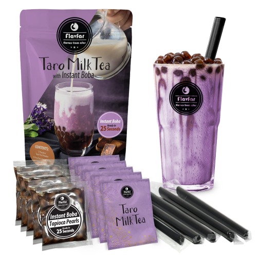 Flavfar Taro Milk Tea with Instant Tapioca Pearls - Authentic Taro Milk Bubble Tea Kit & Low Calorie, Brown Sugar Boba - Made in Taiwan - 5 Pack (Taro Milk Tea)