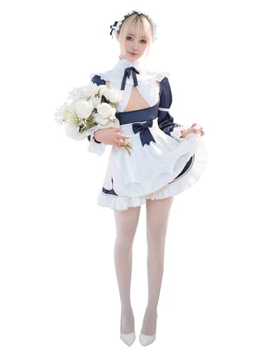 Mobbunny Anime Maid Cosplay Costume Maid Outfit for Women French Apron Lolita Fancy Dress and Bodysuit - X-Large - Blue and White