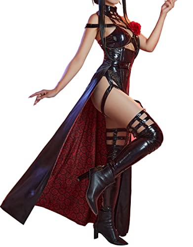 MEOWCOS Women’s Cosplay Costume Bodysuit Lingerie Bandage Bodysuit with Waist Cloak and Stockings Flowers Clip - X-Large - Black