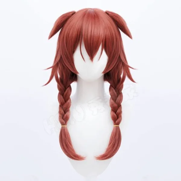 Inugami Korone Cosplay Wig VTuber HSIU Reddish brown Double braided long hair Ears Long Hair +free Brand Wig Cap (Style 1)