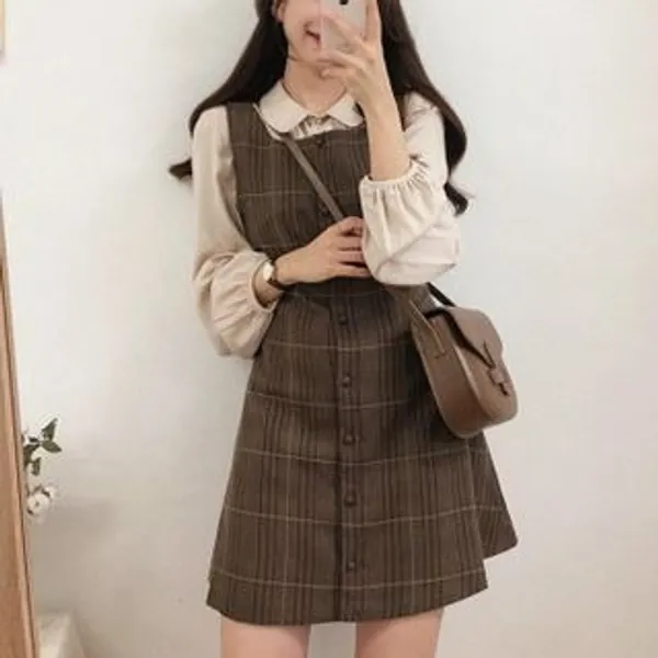 Leoom - Pleated Shirt / Sleeveless Plaid A-line Dress | YesStyle