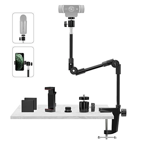 Webcam Stand Camera Mount with Phone Holder & 5/8"Screw, 25in Flexible Projector Stand Gooseneck Desk Mic Stand for Logitech C922 C930e C920 C925e C615 C960 Brio 4K, GoPro Hero, Blue Yeti Snowball Ice