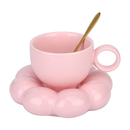 Ceramic Coffee Mug,Cloud Coffee Cup and Saucer Set,Cute Mug with Flower Spoon and Sunflower Coaster,Kawaii Tea mug with dish, Latte Cups 6.7oz/200ml for Office and Home for women Girls (Pink)