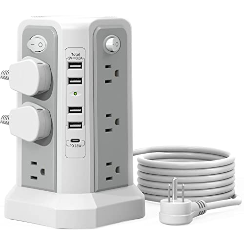 Surge Protector Power Strip Tower with USB C Port(PD18W),10FT Extension Cord with 12 AC Outlets 5 USB Charging Ports, PASSUS Power Tower Surge Protection for Home Office DormRoom - Gray White