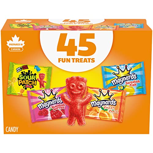 Maynards, Assorted Gummy Candy (Pack of 45), Sour Patch Kids, Fuzzy Peach, Swedish Berries, Swedish Fish, Bulk Candy, Individually Wrapped, Sour Candy, 562 g - Peach - 12 g (Pack of 45)