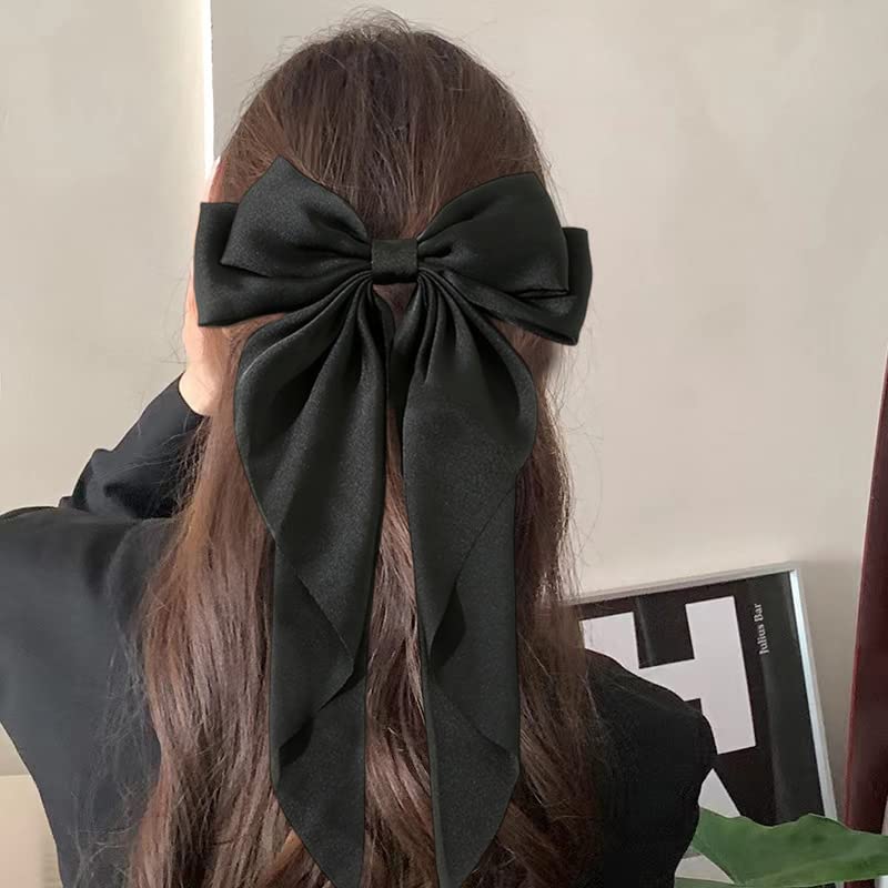 Hair Bow Clips for Women Girls Satin Ribbon Hair Clips for Teen Girls French Barrettes Black Hair Bows for Women Girl Large Bowknot Hair Clip - black