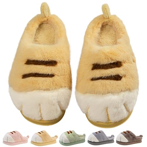 Cat Paw Slippers for Women Girls, Cute Fuzzy Cat Feet Slippers, Warm Plush Slippers Cat Paw House Slipper Fluffy Shoes for Indoor Outdoor - Yellow - EU 38-39 / US 8-9