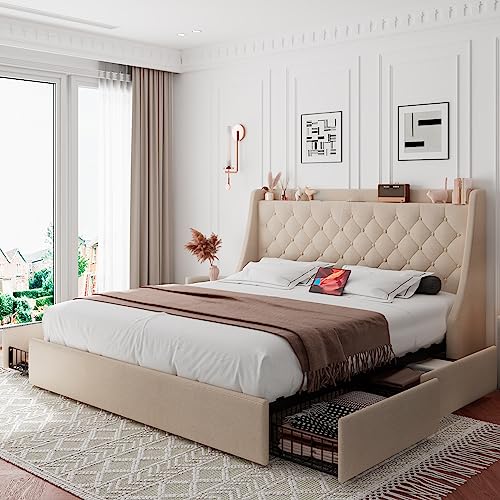 Queen Bed Frame with 4 Storage Drawers