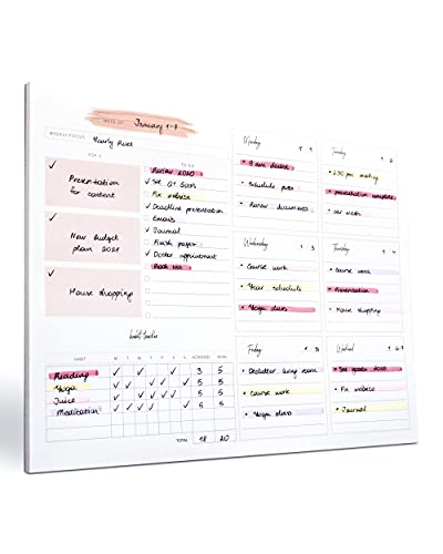 Weekly Planner Notepad Tear Off – 52 Undated Weekly Sheets Daily To Do List Notepad, Habit Tracker, Academic Planner Notebook, Daily Work Planner - Full Year Productivity Planner 10.1 x 7.7’’ - Pink