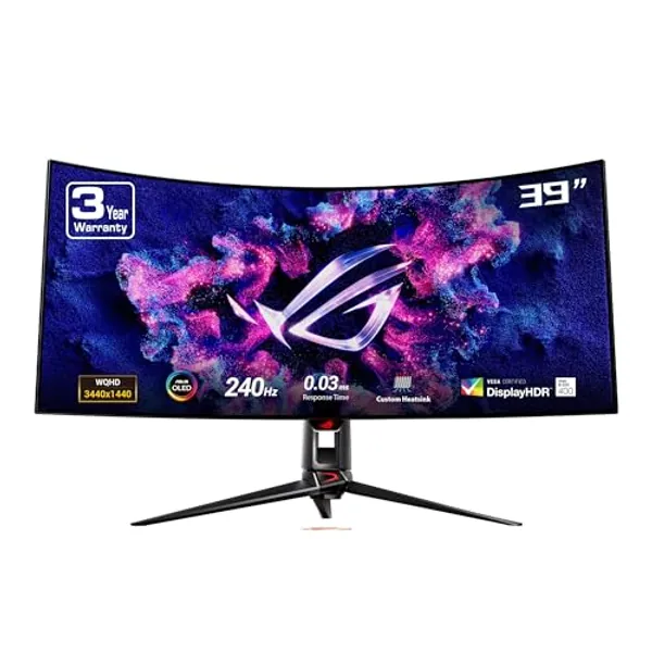 ASUS ROG Swift 39” Ultrawide 800R Curved OLED Gaming Monitor (PG39WCDM) - 21:9 (3440x1440), 240Hz, 0.03ms, G-SYNC Compatible, Custom Heatsink, Smart KVM, 90W USB-C, DisplayWidget, 3 yr warranty