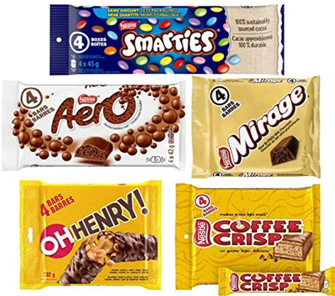 Nestle Canada Full Size Oh Henry, Coffee Crisp, Smarties, Aero, Mirage Chocolate Bars Canadian Care Package Snacks Food Assortment Basket Bundle Mix Sampler Treats