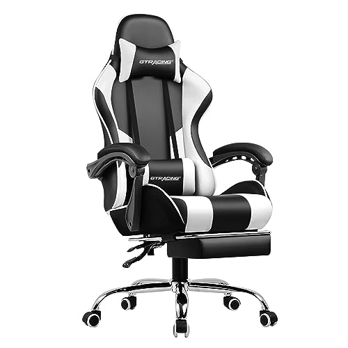 GTRACING Gaming Chair, Computer Chair with Footrest and Lumbar Support, Height Adjustable Gaming Chair with 360°-Swivel Seat and Headrest (White) - White