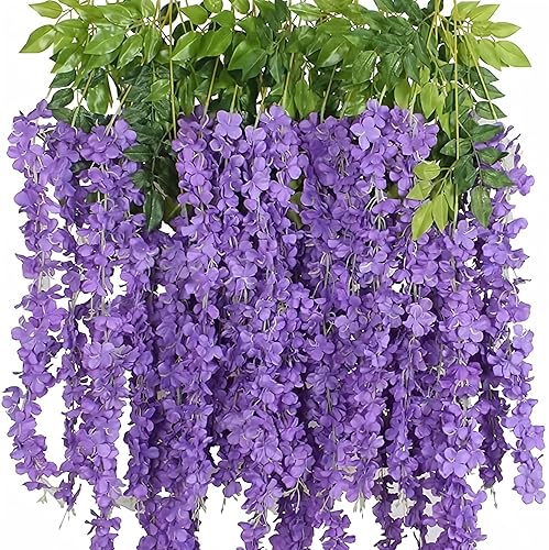 12 Pack Wisteria Flower Vines Garland, 3.75 Feet Artificial Flower Strings, Fake Hanging Flowers, Silk Wisteria Garland Flowers, Wisteria Vine for Wedding, Garden, Wall Decoration (Purple Blue) - Purple Blue