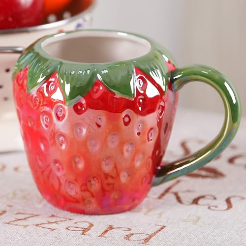 A.F.N.A.L Ceramic Mug for Home & Office, Creative Porcelain Fruit Cup with Handle for Coffee, Tea, Juice, Milk & Water, 17oz. Strawberry Shape Mug Gift, 4.1" H - Strawberry