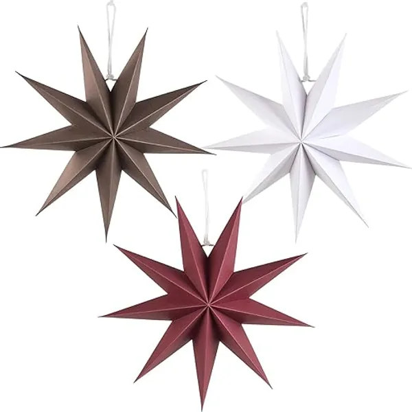 SUNBEAUTY 3 Pcs 9-Pointed Brown Burgundy White Paper Star Lanterns 12 Inch Christmas Hanging Lamp Rustic Paper Decorations Shade Wedding Birthday Christmas Home Party Decorations