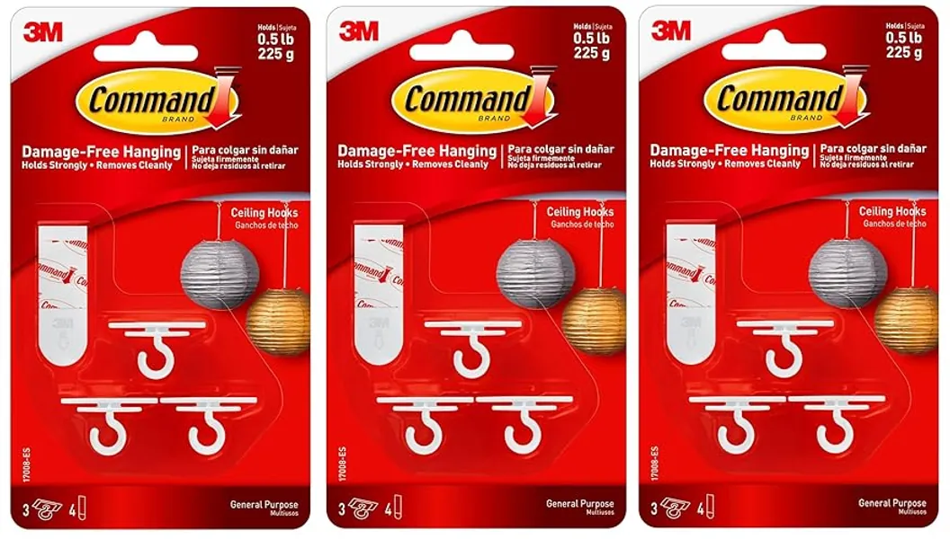 Command 17008-ES Ceiling 9 Hooks, 12 Foam Strips per, White