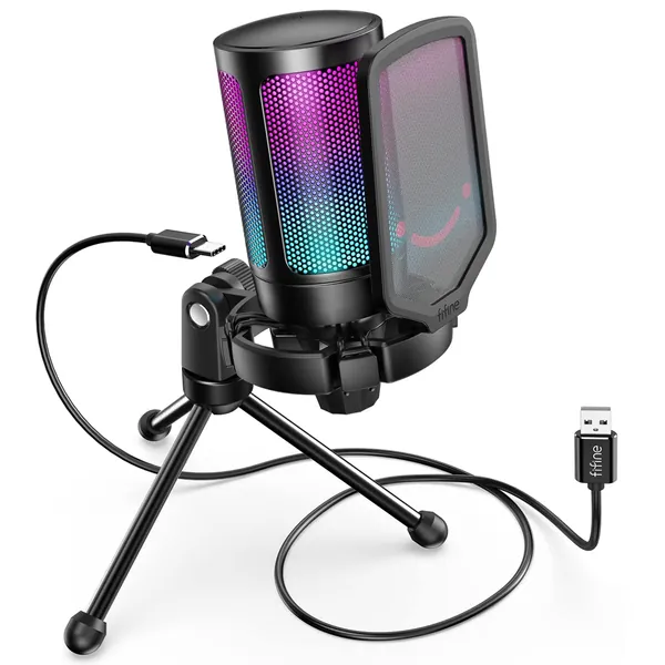 Fifine USB Gaming Microphone for PC PS5, RGB Condenser Mic with Quick Mute, Gain Control, Tripod Stand, Pop Filter, Shock Mount, for Streaming Discord Twitch YouTube Videos