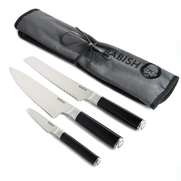 Babish German Steel Cutlery, 3-Piece w/Knife Roll, Silver