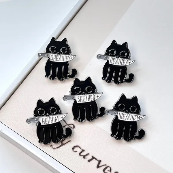 Black Cat Knife Cute Pronoun Pin They Them He Him She Her Enamel Pin Kawaii Hard Enamel Pin Lapel Pin Cute Brooch Pin Set Badge Pins for Bag