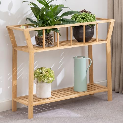 Nnewvante Bamboo Shelf Table 2 Tiers Tall Window-sill Plant Pot Organizer Holder Sofa Side Table for Indoor Living Room Entryway 37.4"x11" - Plant Stand with Shelf