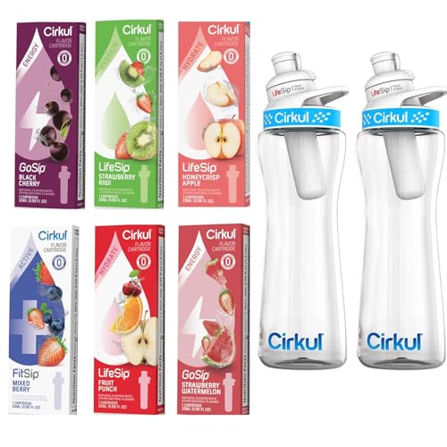 Cirkull 22 oz Professional Hydration Water Bottle Kit with Blue Lid and 3 Flavor Cartridges - 2-Pack Bundle - Perfect for Sharing with Family (Total Include 2 Bottle, 2 Lid, 6 Flavors Cartridges) - 2 Bottle+6F
