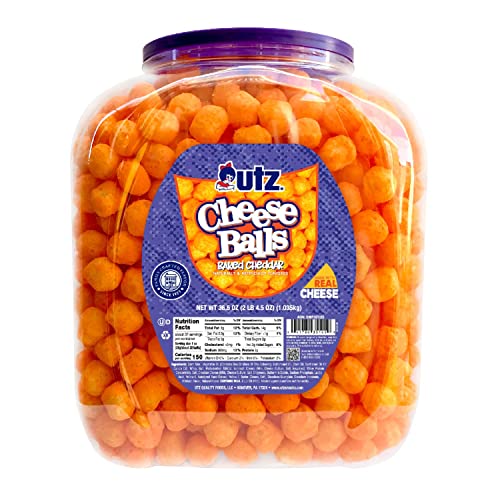Utz Cheese Balls Barrel, Tasty Snack Baked with Real Cheddar Cheese, Delightfully Poppable Party Snack, Gluten, Cholesterol and Trans-Fat Free, Kosher Certified, 36.5 Oz - 2.28 Pound (Pack of 1)