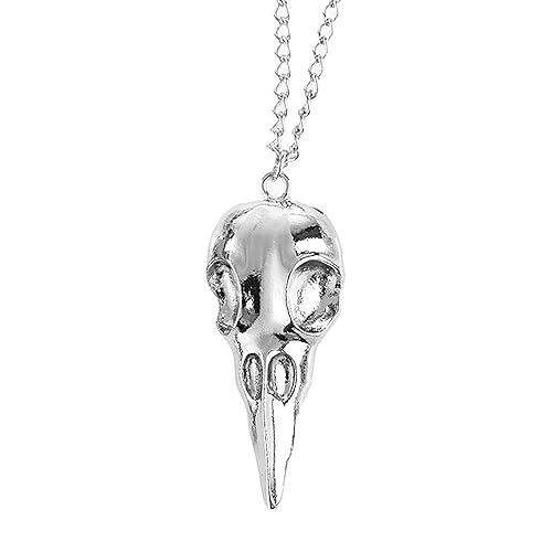 Punk Metal Crow Skull Necklace. Hip Hop 3D Animal Bird Skull Pendant Necklace, Men Women Vintage Gothic Halloween Jewelry - Silver