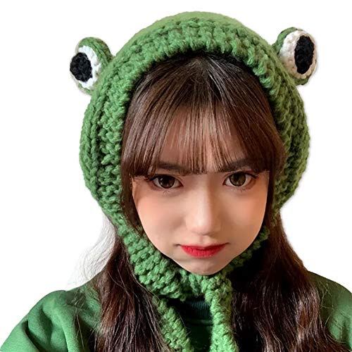 Cnorialy Frog Headband Hat Cute Crochet Knitted Headband Outdoors Big Eye Frog Cap Earflap Ear Protective - One Size - Green