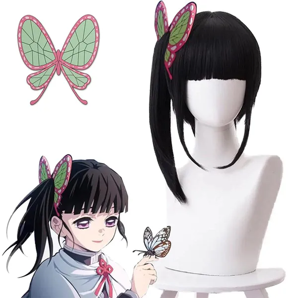 Adecors Demon Slayer Cosplay Wig Tsuyuri Kanao Wig with Butterfly Clip Kimetsu no Yaiba Costume Wig Black Wigs for Anime Fans - 