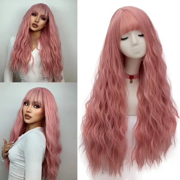 netgo Women's Pink Wig Long Fluffy Curly Wavy Hair Wigs for Girl Heat Friendly Synthetic Cosplay Party Wigs - Pink