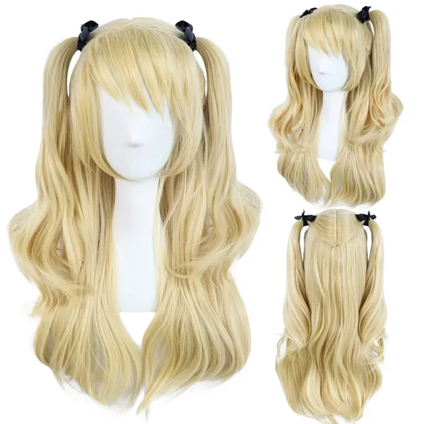 JoneTing Blonde Wig 【+Wig Cap】with Pigtails Clips+{2 Ribbons}Cosplay Synthetic Long Natural Wavy Wigs for Halloween with Wig Cap - Blonde