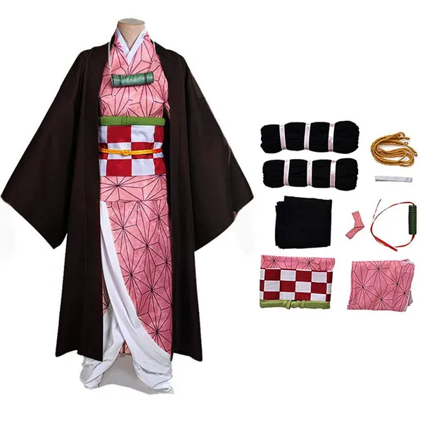 Kamado Cosplay Costume Outfit Kimono with Hairwear and Bamboo - Adult(without Wig) Small