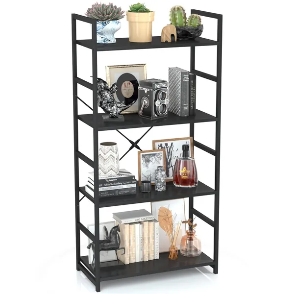 OTK Bookshelf,4 Tier Industrial Book Shelf,Metal Bookcase,Modern Book Shelves for Bedroom,Living Room and Home Office,4-Shelf,Black - 