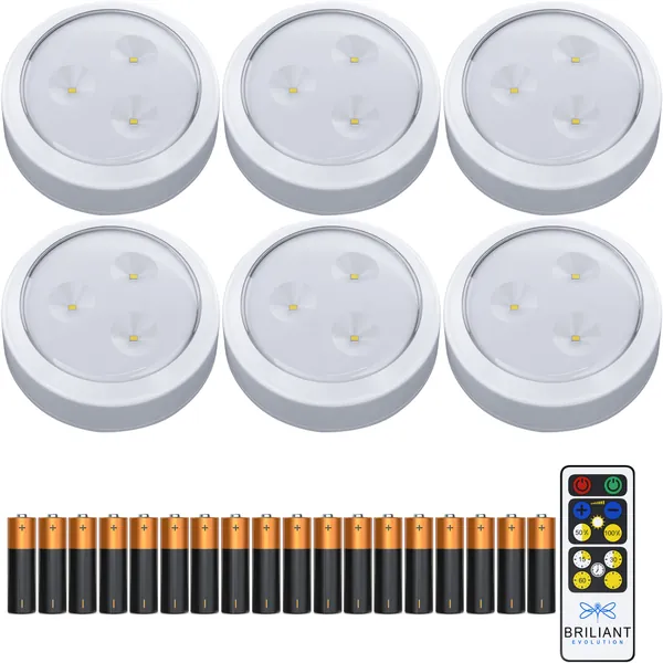 Brilliant Evolution LED Lights 6 Pack with Remote & Batteries | Wireless LED Under Cabinet Lighting | Under Counter Lights for Kitchen, Pantry, Sink | Under Cabinet Lights | Battery Powered Lights - 6