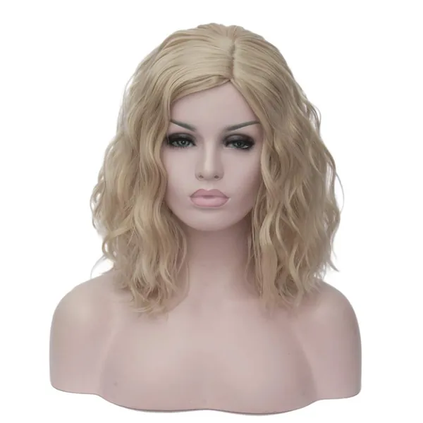 BERON 14" Women Girls Short Curly Bob Wavy Wig Body Wave Halloween Cosplay Daily Party Wigs (Blonde) - Blonde