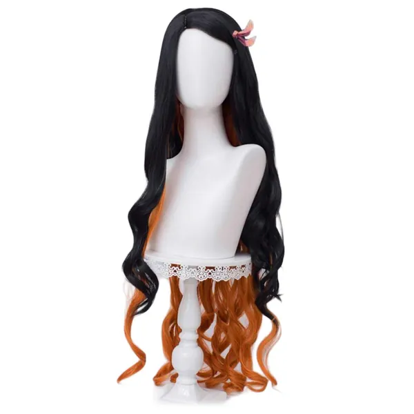 SL Wigs for Nezuko Cosplay for Demon Slayer Anime Cosplay Long Curly Orange and Black Wigs with Cap - Black and Orange